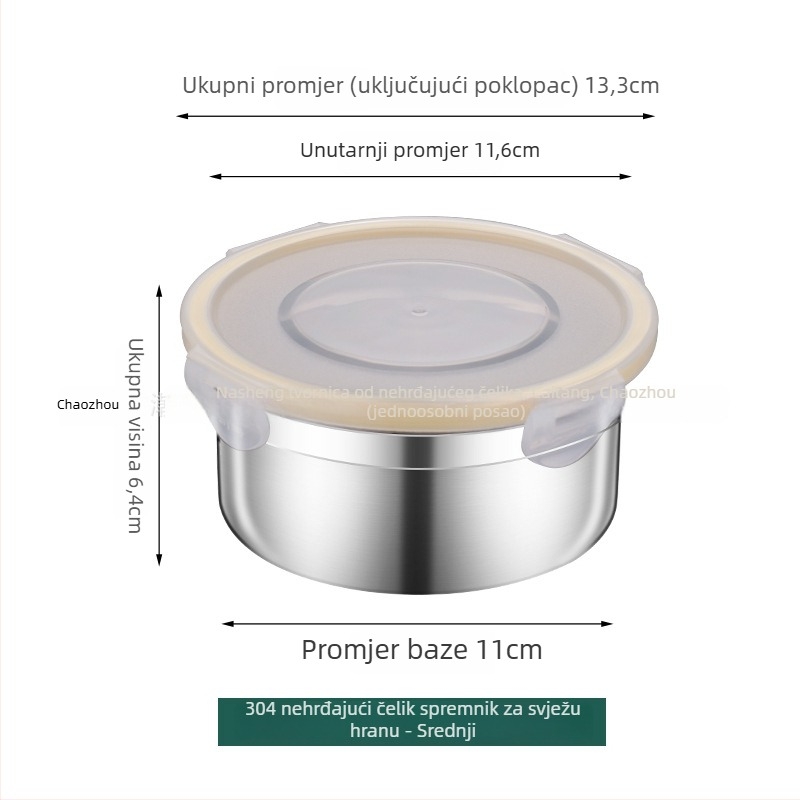 Okrugla posuda od nehrđajućeg čelika 304 za hranu sa čvrstim poklopcem, 800–1000 ml