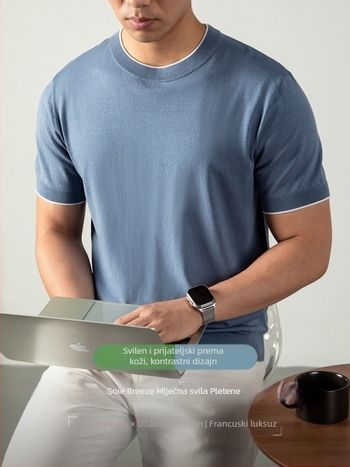 Muški pleteni T-shirt s kratkim rukavima — mješavina Lyocell pamuk nylon mulberry silk, prozračan i vlagu upija, regular fit, okrugli izrez