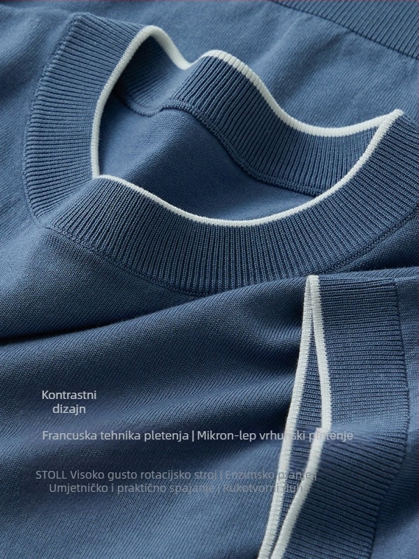 Muški pleteni T-shirt s kratkim rukavima — mješavina Lyocell pamuk nylon mulberry silk, prozračan i vlagu upija, regular fit, okrugli izrez