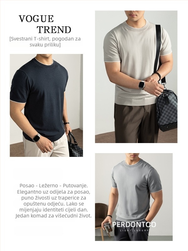 Muški pleteni T-shirt s kratkim rukavima — mješavina Lyocell pamuk nylon mulberry silk, prozračan i vlagu upija, regular fit, okrugli izrez