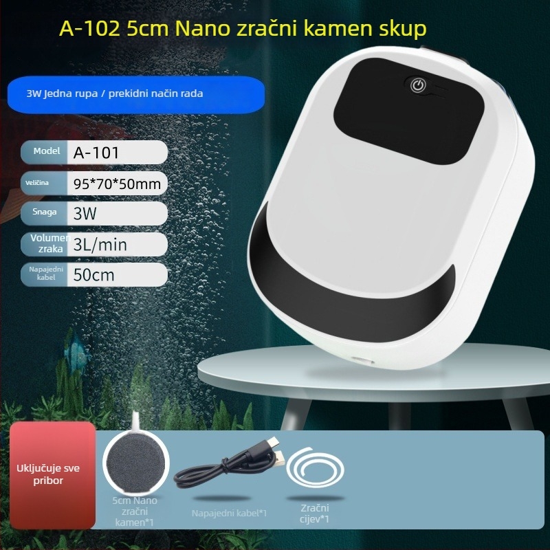 Pumpa kisika i aerator za ribolov i akvarij – USB napajanje, dvostruka namjena, težina 205 g, modeli A-101/A-102/A-103