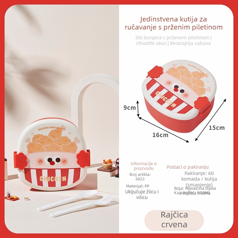Plastična okrugla kutija za ručak za djecu s dizajnom pomfita i prženog piletine, s poklopcem, žlicom i vilicom, mikrotalasna kompatibilna, 501–800 ml