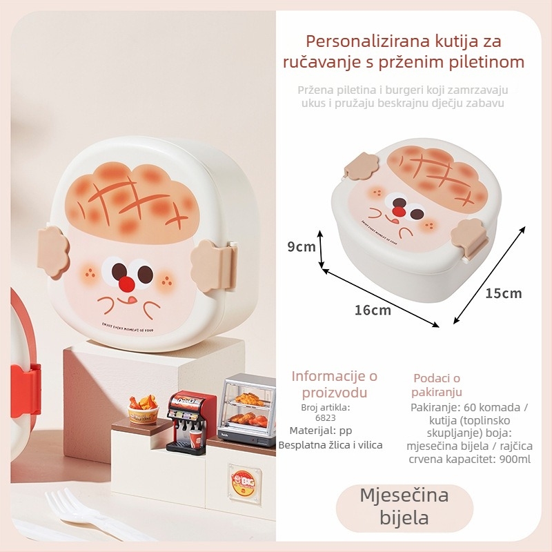 Plastična okrugla kutija za ručak za djecu s dizajnom pomfita i prženog piletine, s poklopcem, žlicom i vilicom, mikrotalasna kompatibilna, 501–800 ml