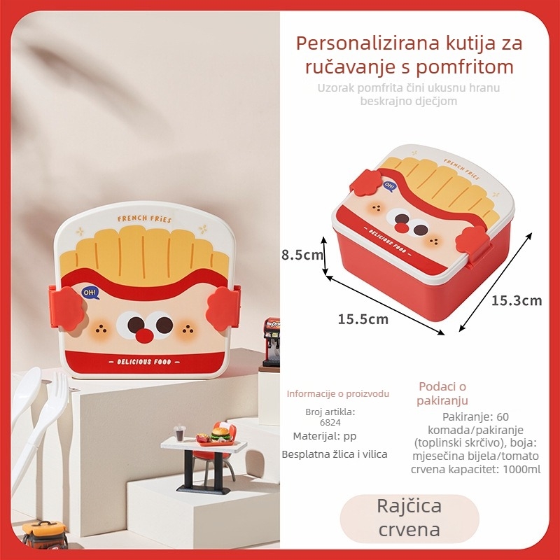 Plastična okrugla kutija za ručak za djecu s dizajnom pomfita i prženog piletine, s poklopcem, žlicom i vilicom, mikrotalasna kompatibilna, 501–800 ml