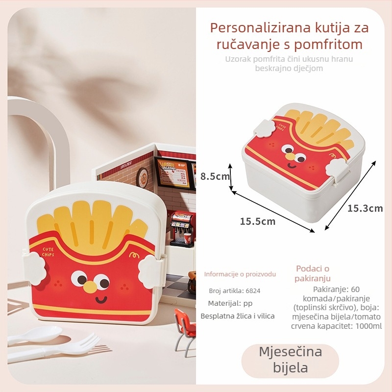 Plastična okrugla kutija za ručak za djecu s dizajnom pomfita i prženog piletine, s poklopcem, žlicom i vilicom, mikrotalasna kompatibilna, 501–800 ml