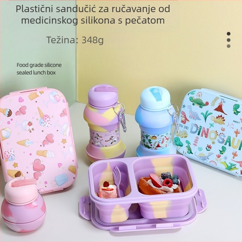 Sklopiva kutija za obrok, pravokutna s odjeljcima, zatvorena i mikrovalno sigurna, za djecu, kapacitet 301–500 ml, uzorak crtani lik