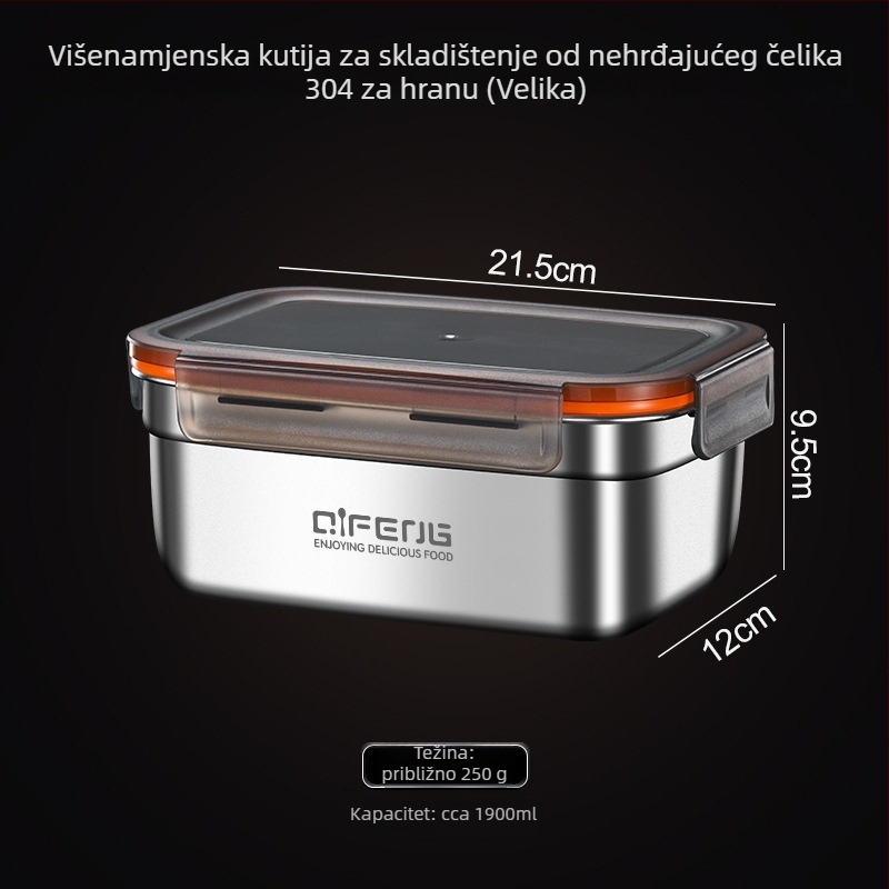 Okrugla kutija za obrok od 304 nehrđajućeg čelika s poklopcem, prehrambena klasa, posuda za čuvanje hrane, 1–2 L