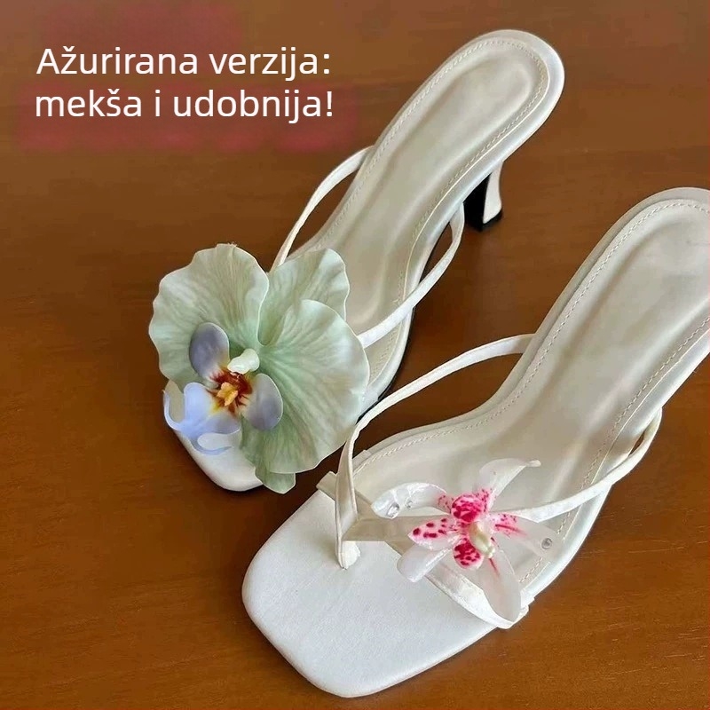 Sandale s cvjetnom dekoracijom i podijeljenim prstima, visoka potpetica, korejski stil; gornji materijal: bik koža druge klase, potplat: guma, unutarnji materijal: super vlakna