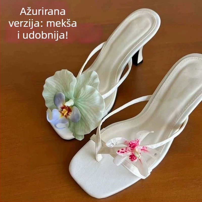 Sandale s cvjetnom dekoracijom i podijeljenim prstima, visoka potpetica, korejski stil; gornji materijal: bik koža druge klase, potplat: guma, unutarnji materijal: super vlakna