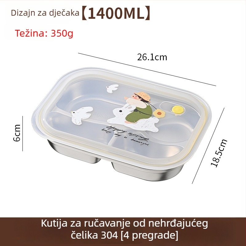 Kutija za obrok za djecu s četiri odjeljka, karikaturan uzorak, ABS+304 nehrđajući čelik, kapacitet 1–2 L, pogodna za mikrovalnu pećnicu