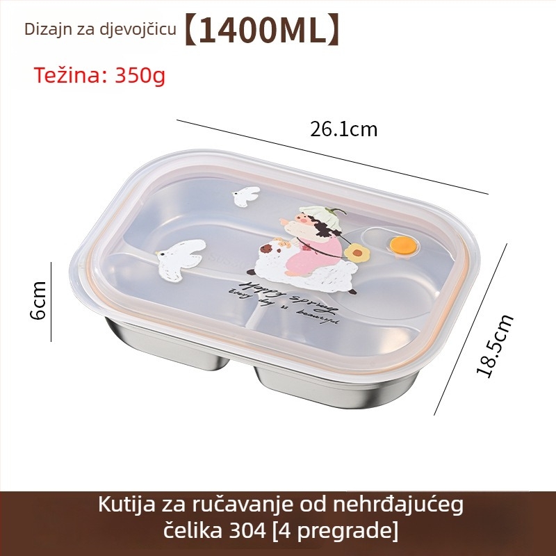 Kutija za obrok za djecu s četiri odjeljka, karikaturan uzorak, ABS+304 nehrđajući čelik, kapacitet 1–2 L, pogodna za mikrovalnu pećnicu