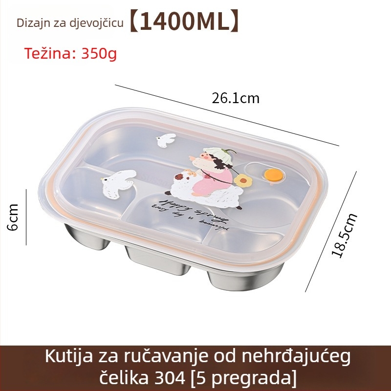 Kutija za obrok za djecu s četiri odjeljka, karikaturan uzorak, ABS+304 nehrđajući čelik, kapacitet 1–2 L, pogodna za mikrovalnu pećnicu