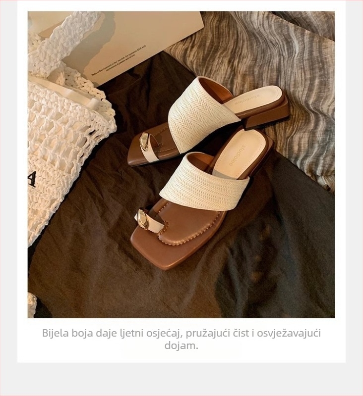 Ženske sandale s pletenim gornjim dijelom i kvadratnim vrhom, dizajn od slame, gumeni potplat, podstava od svinjske kože