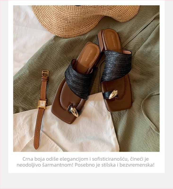 Ženske sandale s pletenim gornjim dijelom i kvadratnim vrhom, dizajn od slame, gumeni potplat, podstava od svinjske kože