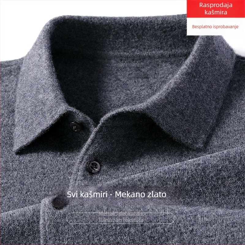 Muški kašmir pulover s reverom, slobodan kroj, dugi rukav, jednobojan, 95% kašmir