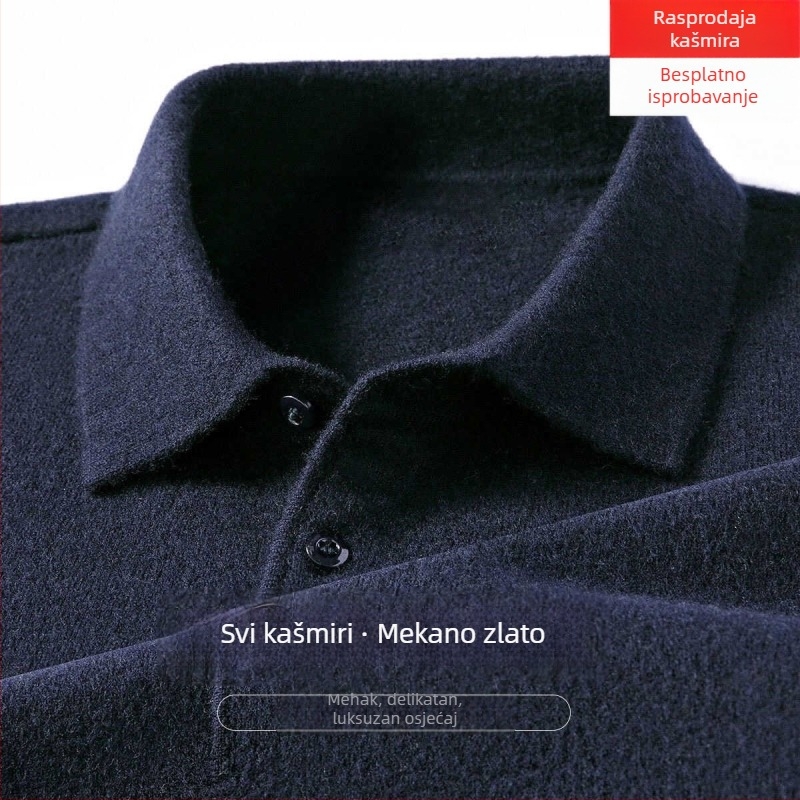 Muški kašmir pulover s reverom, slobodan kroj, dugi rukav, jednobojan, 95% kašmir