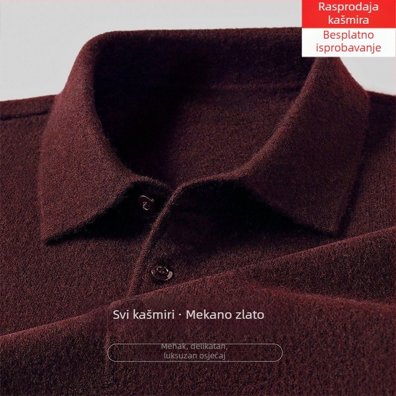 Muški kašmir pulover s reverom, slobodan kroj, dugi rukav, jednobojan, 95% kašmir