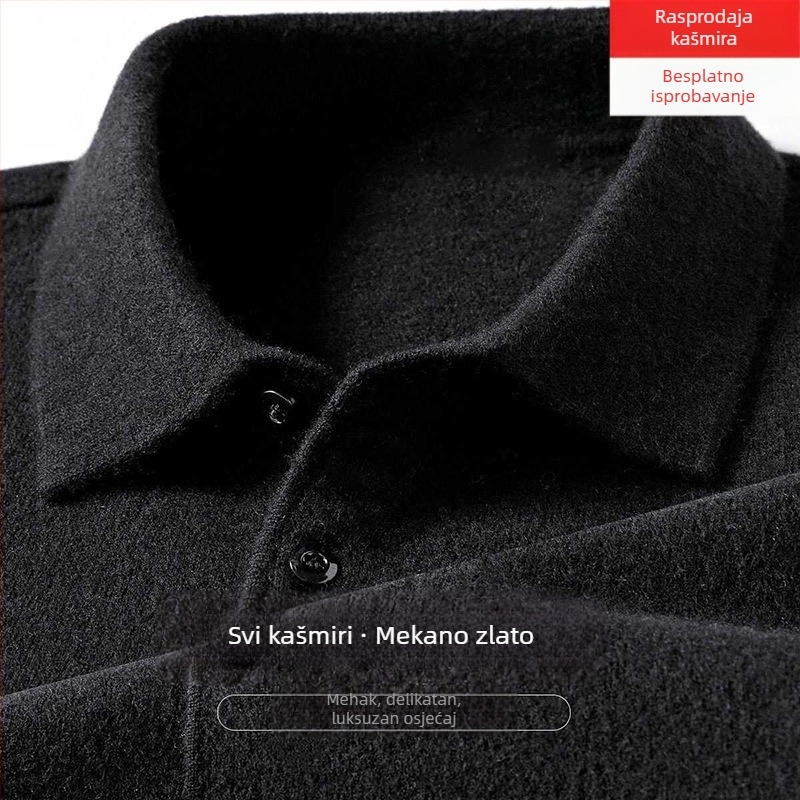 Muški kašmir pulover s reverom, slobodan kroj, dugi rukav, jednobojan, 95% kašmir