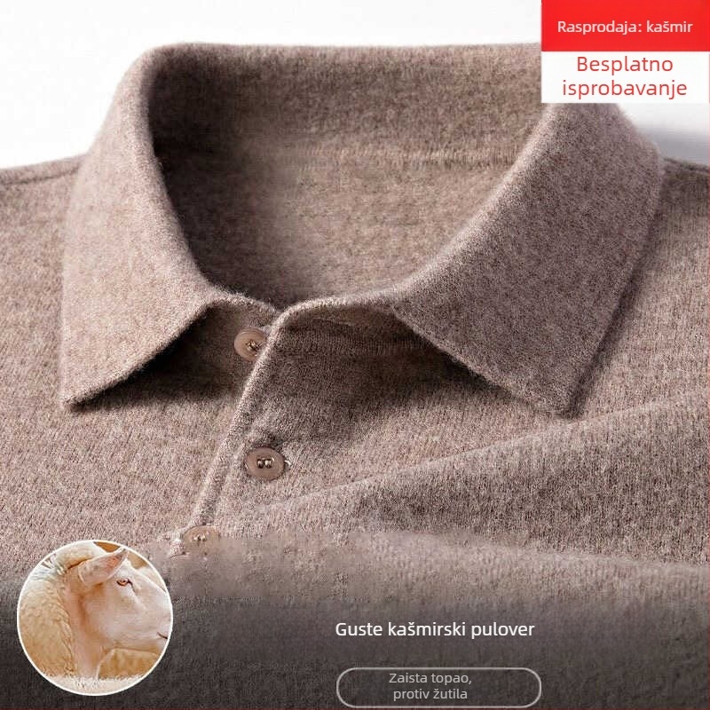 Muški kašmir pulover s reverom, slobodan kroj, dugi rukav, jednobojan, 95% kašmir