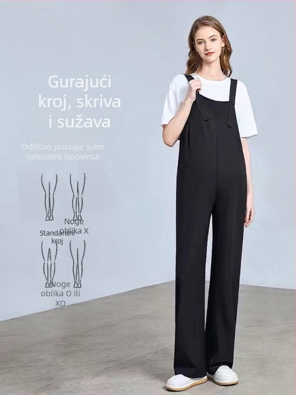 Trudnički overal s trakama – opušten kroj, široke hlače, prozračan materijal: rimska pamuka; viskozna vlakna 50–70%; najlon 30–50%