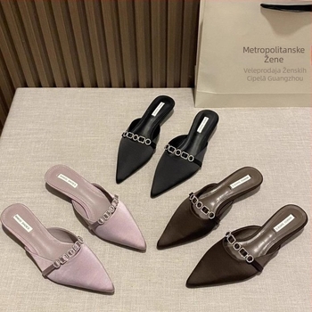 Elegantne ženske papuče s oštrim vrhom, slip-on dizajn, niski klin, gornji dio od svile, gumena potplata