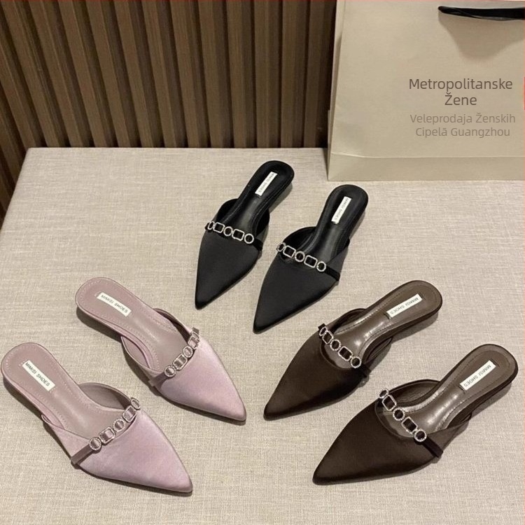 Elegantne ženske papuče s oštrim vrhom, slip-on dizajn, niski klin, gornji dio od svile, gumena potplata