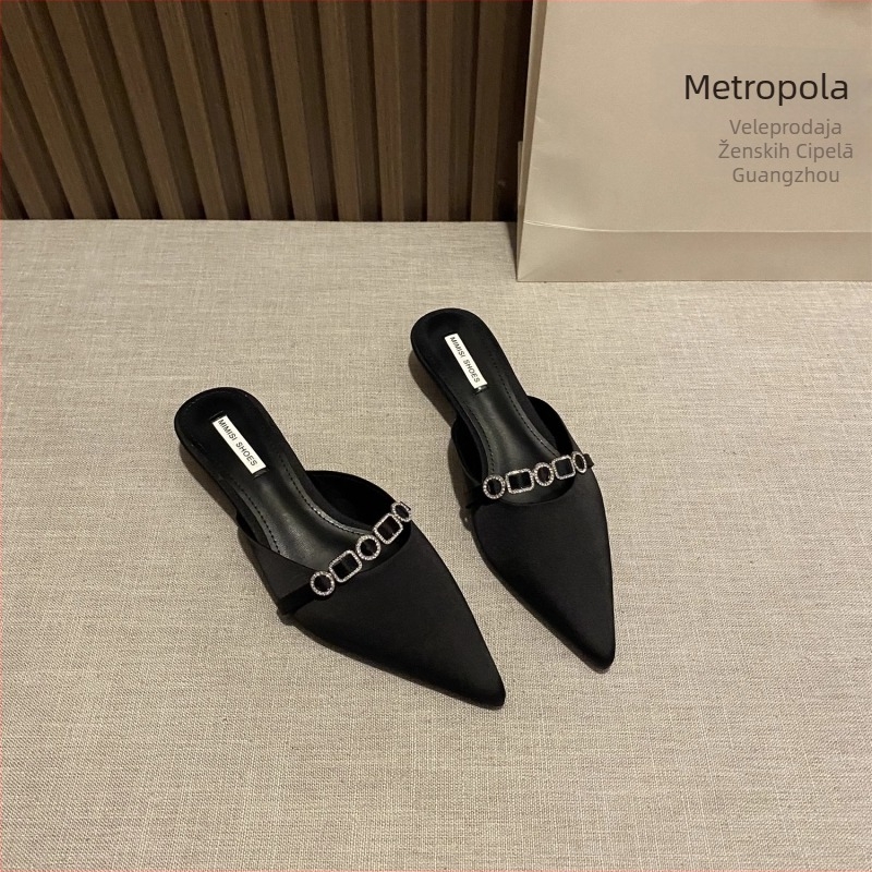 Elegantne ženske papuče s oštrim vrhom, slip-on dizajn, niski klin, gornji dio od svile, gumena potplata