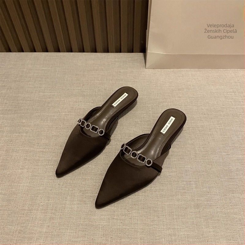 Elegantne ženske papuče s oštrim vrhom, slip-on dizajn, niski klin, gornji dio od svile, gumena potplata