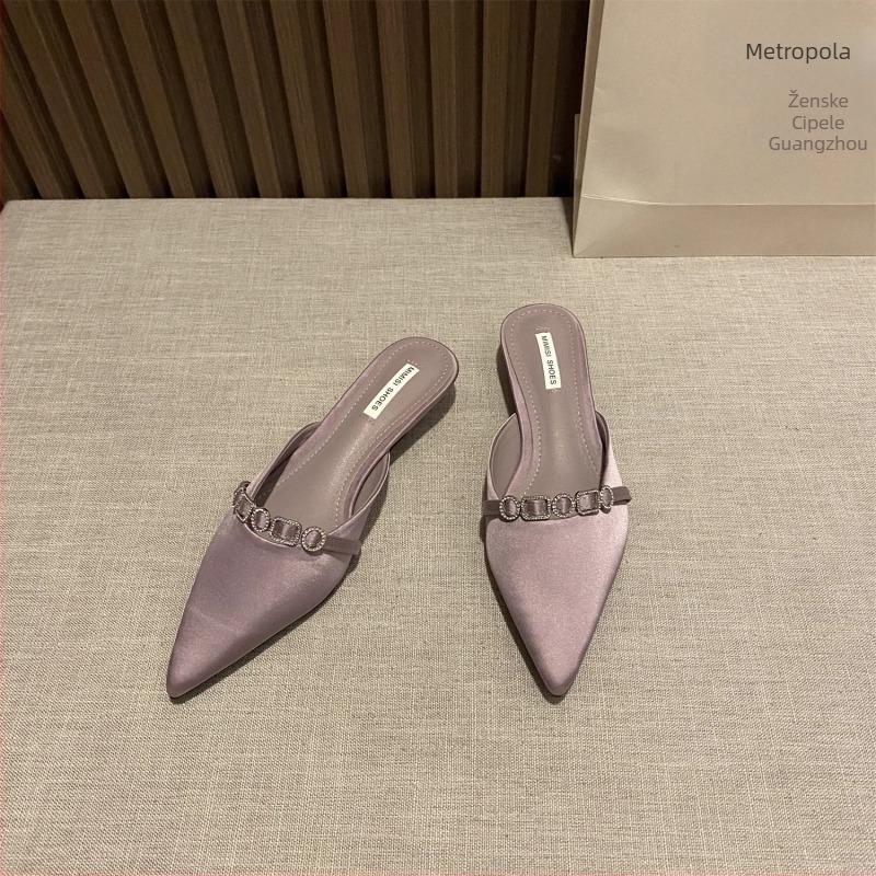 Elegantne ženske papuče s oštrim vrhom, slip-on dizajn, niski klin, gornji dio od svile, gumena potplata
