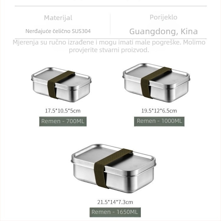 Kutija za ručak od 304 nehrđajućeg čelika, kvadratna, pogodna za mikrovalnu, japanski minimalistički stil, kapacitet 1–2 L