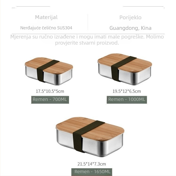 Kutija za ručak od 304 nehrđajućeg čelika, kvadratna, pogodna za mikrovalnu, japanski minimalistički stil, kapacitet 1–2 L