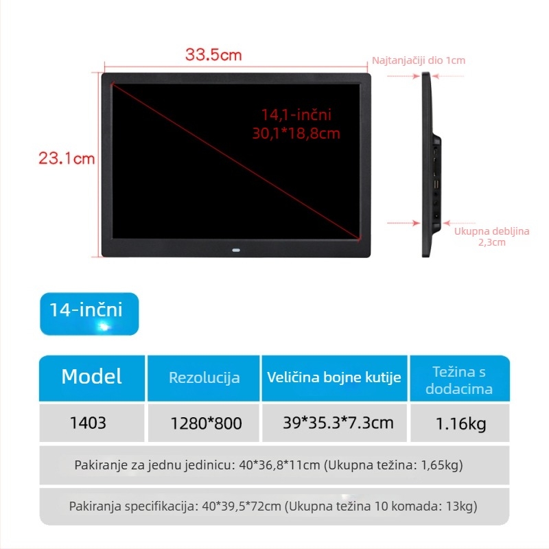 Digitalni foto okvir za reklamu – 1024×600, HD LED LCD, reproducira glazbu i video, SD/USB/TF, 16:9