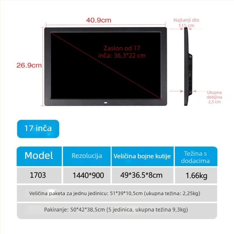 Digitalni foto okvir za reklamu – 1024×600, HD LED LCD, reproducira glazbu i video, SD/USB/TF, 16:9