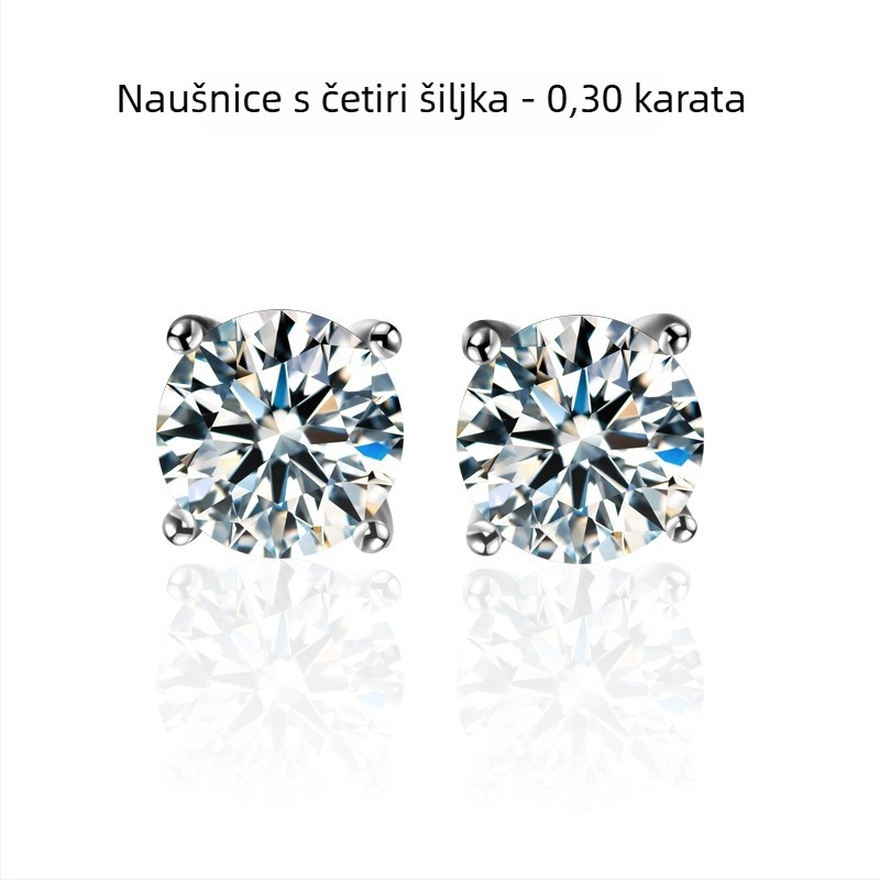 S999 srebrne naušnice s Moissanitom, četverokraki postav, vijčani zatvarač, unisex