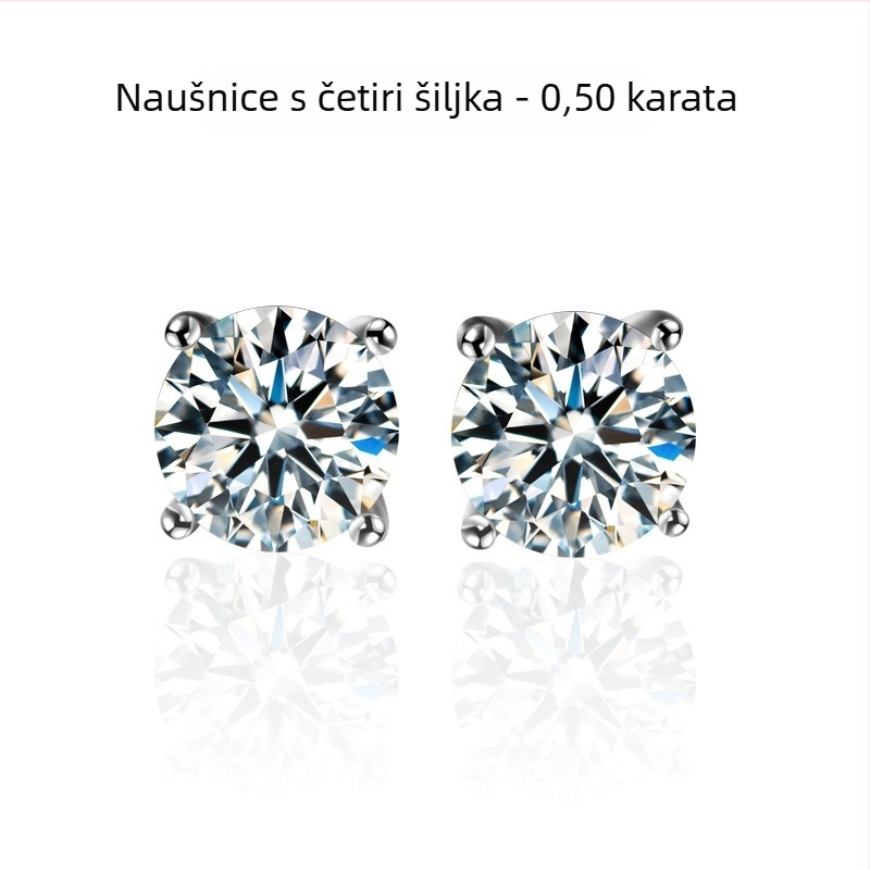 S999 srebrne naušnice s Moissanitom, četverokraki postav, vijčani zatvarač, unisex