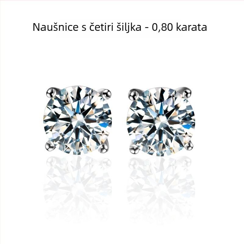 S999 srebrne naušnice s Moissanitom, četverokraki postav, vijčani zatvarač, unisex