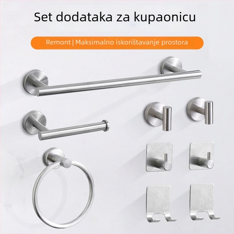 Set držača za ručnike od nehrđajućeg čelika za kupaonicu: prsten za ručnik, stalak za ručnike, ručna ručnika i držač toaletnog papira — završna obrada površine: elektroplakiranje, lakiranje, žični reljef; stil: novi kineski stil; set: šest komada ili više