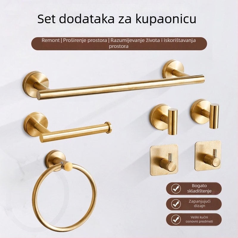 Set držača za ručnike od nehrđajućeg čelika za kupaonicu: prsten za ručnik, stalak za ručnike, ručna ručnika i držač toaletnog papira — završna obrada površine: elektroplakiranje, lakiranje, žični reljef; stil: novi kineski stil; set: šest komada ili više