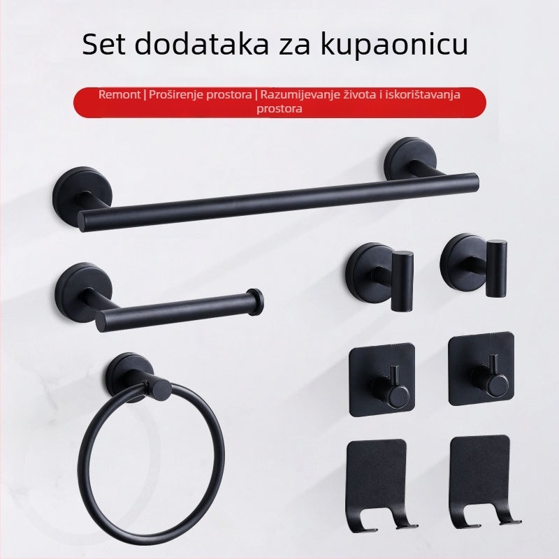 Set držača za ručnike od nehrđajućeg čelika za kupaonicu: prsten za ručnik, stalak za ručnike, ručna ručnika i držač toaletnog papira — završna obrada površine: elektroplakiranje, lakiranje, žični reljef; stil: novi kineski stil; set: šest komada ili više