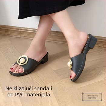 Platform sandale s perlama, okrugli vrh, jednostruki remen, debeli potplat, PVC gornji dio i potplat