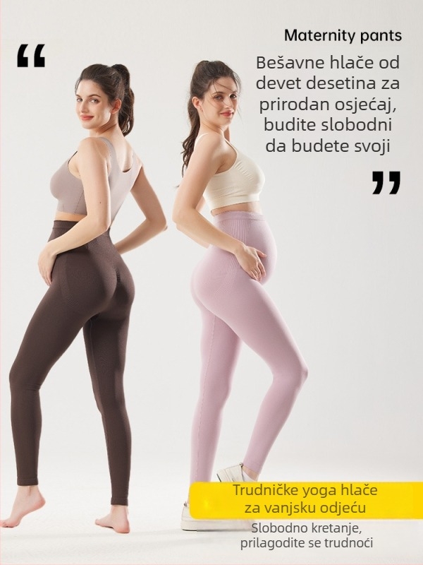 Bešivne trudničke tajice za jogu, visok struk, podrška trbuha, dojam nude kože, skraćena duljina, materijal nylon-spandeks