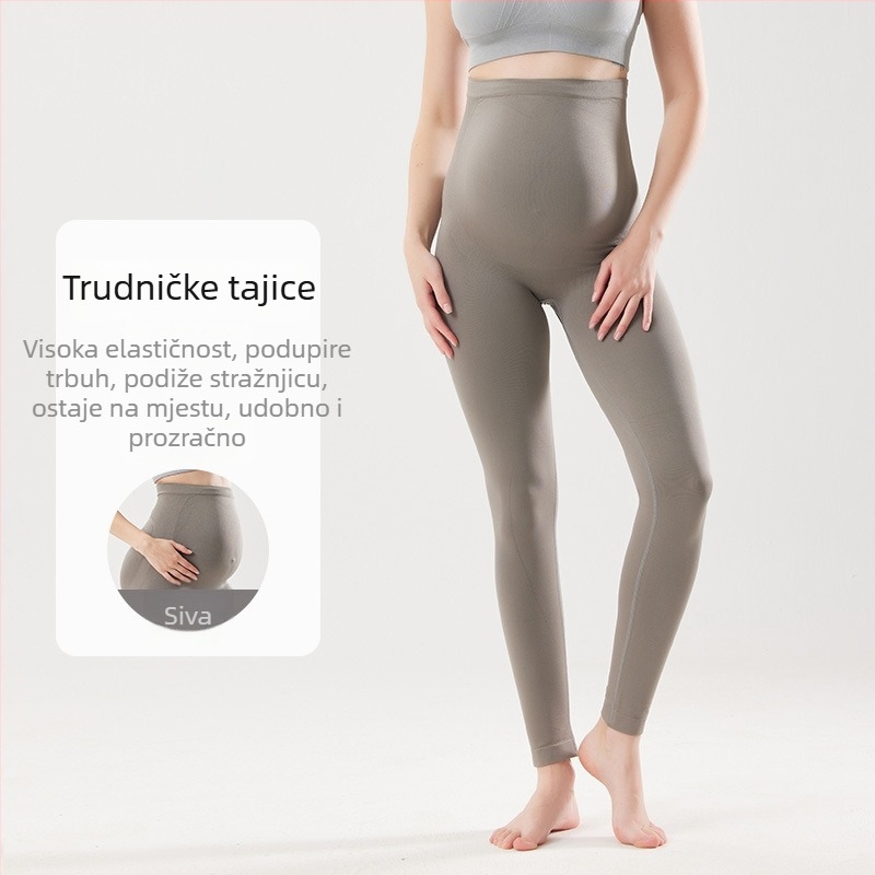 Bešivne trudničke tajice za jogu, visok struk, podrška trbuha, dojam nude kože, skraćena duljina, materijal nylon-spandeks