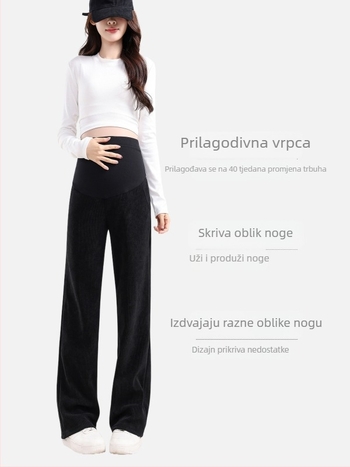 Trudničarske hlače s širokim krojem, debeli fleece, visokim strukom, poliester, podrška trbuha