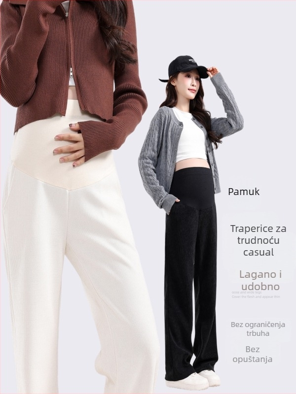 Trudničarske hlače s širokim krojem, debeli fleece, visokim strukom, poliester, podrška trbuha