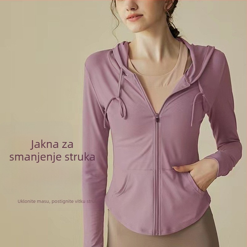 Unisex joga jakna s kapuljom i zatvaračem, dugi rukav, brzo se suši, mješavina poliester-elastan (86% poliester, 14% elastan), jednobojni uzorak, za ljetne treninge