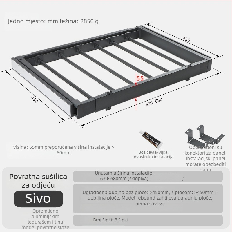 Izvlačna sušionica za perilicu rublja s skrivenim držačem za hlače — aluminijska legura, modeli rebound i buffer, za balkon ormar ili garderobu, moderni minimalistički stil, oksidacijski završetak