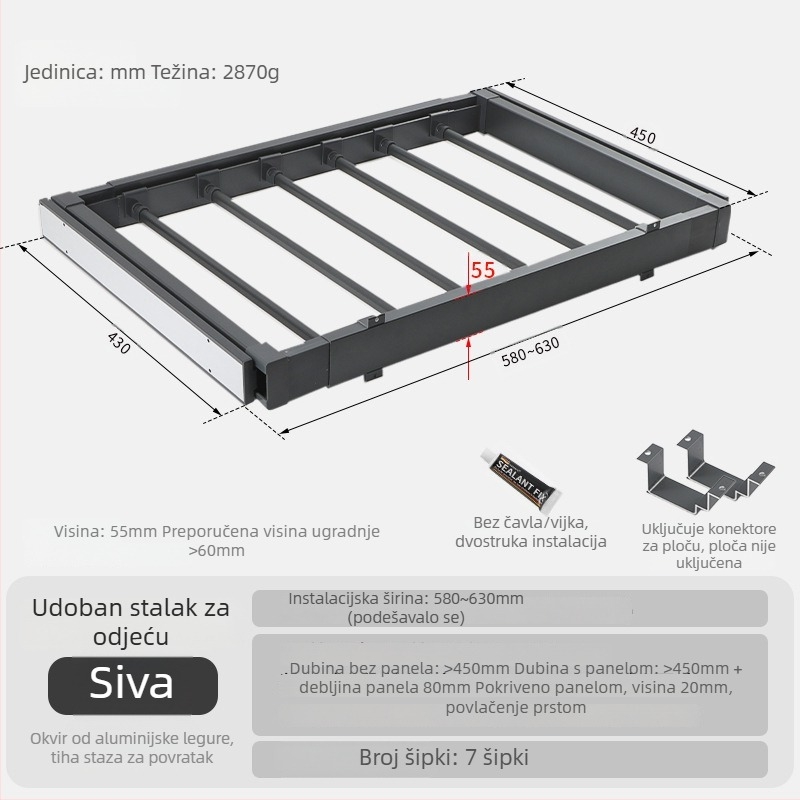 Izvlačna sušionica za perilicu rublja s skrivenim držačem za hlače — aluminijska legura, modeli rebound i buffer, za balkon ormar ili garderobu, moderni minimalistički stil, oksidacijski završetak