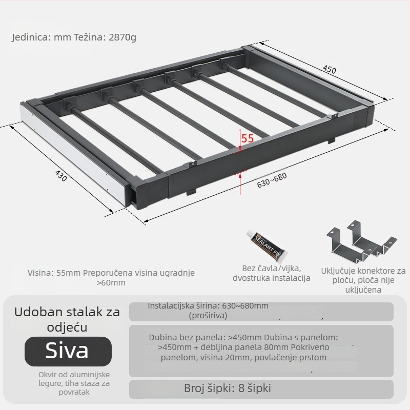 Izvlačna sušionica za perilicu rublja s skrivenim držačem za hlače — aluminijska legura, modeli rebound i buffer, za balkon ormar ili garderobu, moderni minimalistički stil, oksidacijski završetak