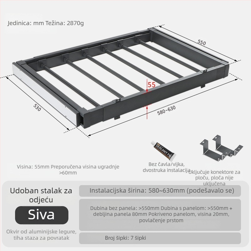 Izvlačna sušionica za perilicu rublja s skrivenim držačem za hlače — aluminijska legura, modeli rebound i buffer, za balkon ormar ili garderobu, moderni minimalistički stil, oksidacijski završetak