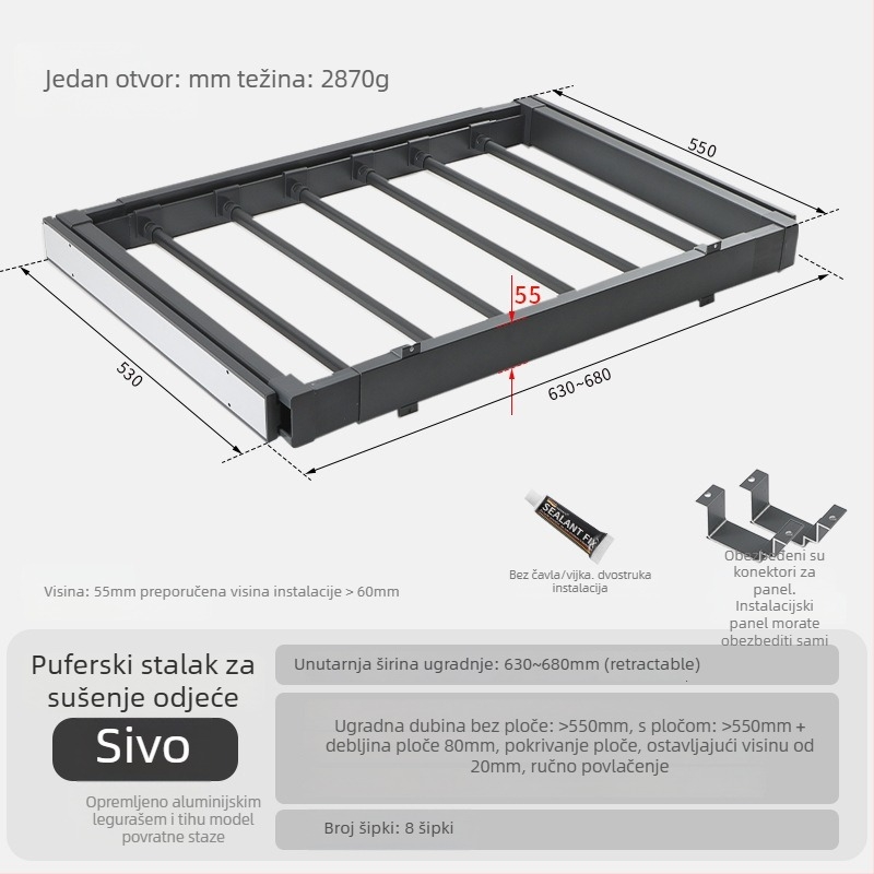 Izvlačna sušionica za perilicu rublja s skrivenim držačem za hlače — aluminijska legura, modeli rebound i buffer, za balkon ormar ili garderobu, moderni minimalistički stil, oksidacijski završetak